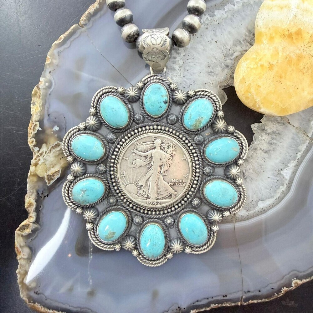 Genuine 1942 90% Silver Walking Liberty Half Dollar Coin w/Turquoise Uni Pendant - Picture 2 of 11